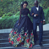 Long Sleeve Two Piece Black Floral Prom Dress with Beading Lace Evening Dresses JS757