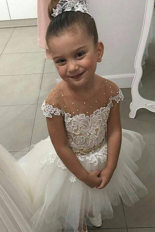 Lovely Flower Girl Dresses Cap Sleeve Pearls Appliques High Low Wedding Party Dress JS882