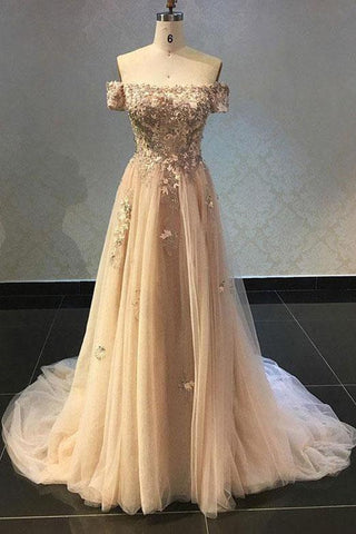 Luxurious A Line Off The Shoulder Evening Dress Long Prom Dress with Appliques JS565