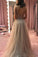 A-Line V-Neck Rhinestone Sleeveless Floor-Length Tulle Zipper-up Prom Dresses JS613