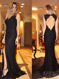 V-neck Black Lace Long Split Prom Dresses Evening Dresses JS501