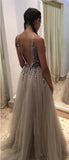 Sexy V neck Beaded Tulle With Side Slit Prom Dresses