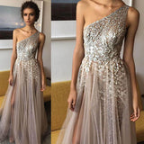 Elegant A Line Brown One Shoulder Tulle Shinning Side Split Long Prom Dresses JS618