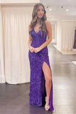 Purple Mermaid Sequins Split Evening Party Dresses Long Prom Dresses