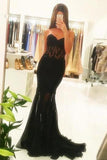 Mermaid Black Lace Strapless Sweetheart Prom Dresses Cheap Evening Dresses JS725