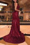 Mermaid Burgundy Side Slit V Neck Spaghetti Straps Prom Dresses Formal Dresses JS832