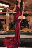 Mermaid Burgundy Side Slit V Neck Spaghetti Straps Prom Dresses Formal Dresses JS832