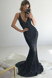 Mermaid Criss Cross Deep V Neck Gold Prom Dresses Sequins Long Prom Dresses JS534