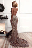 Mermaid Criss Cross Deep V Neck Gold Prom Dresses Sequins Long Prom Dresses JS534