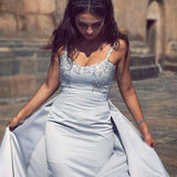 Mermaid Gray Spaghetti Straps Sweetheart Satin Detachable Prom Dresses with Appliques JS368