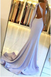 Mermaid Halter Blue Open Back Sleeveless Prom Dresses with Slit Long Dance Dresses JS708