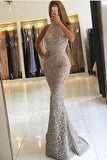Mermaid High Neck Detachable Lace Sequins Prom Dresses Long Formal Dresses JS371
