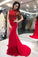 Mermaid High Neck Open Back Red Prom Dresses with Beads Long Evening Dresses P1008