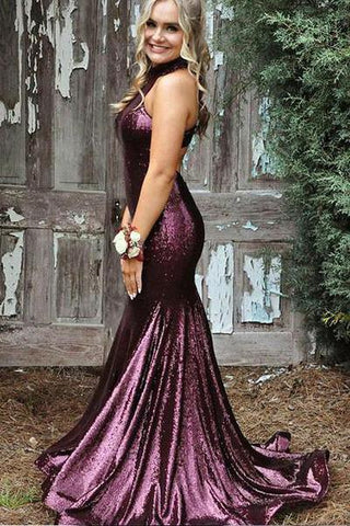 Mermaid High Neck Purple Sequin Evening Dresses Cheap Sleeveless Prom Dresses JS514