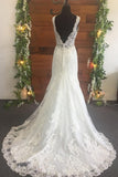 Mermaid Lace Beads Appliques V Neck Ivory Wedding Dresses Long Bridal Dress JS657