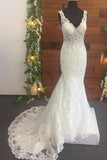 Mermaid Lace Beads Appliques V Neck Ivory Wedding Dresses Long Bridal Dress JS657