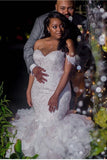 Mermaid Lace Off the Shoulder V Neck Ivory Wedding Dresses with Appliques Bridal Gowns JS988