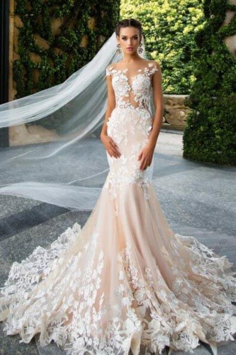 Mermaid Light Pink Backless Lace Appliques Wedding Dresses Short Sleeve Bridal Dress JS510