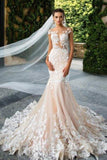 Mermaid Light Pink Backless Lace Appliques Wedding Dresses Short Sleeve Bridal Dress JS510