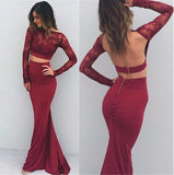Mermaid Long Sleeve Two Pieces Prom Dresses Burgundy Backless Evening Dresses JS662