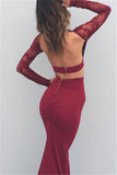 Mermaid Long Sleeve Two Pieces Prom Dresses Burgundy Backless Evening Dresses JS662