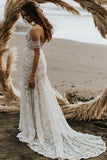 Unique Mermaid Off The Shoulder Ivory Lace Beach Wedding Dress Bridal Dresses