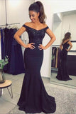 Mermaid Off the Shoulder Navy Blue Sweetheart Prom Dresses with Sequins JS577