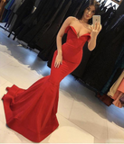 Mermaid Red V Neck Strapless Prom Dresses Long Cheap Satin Party Dresses JS645