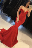 Mermaid Red V Neck Strapless Prom Dresses Long Cheap Satin Party Dresses JS645