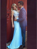 Mermaid Round Neck Sky Blue Satin Prom Dress with Lace Evening Dresses JS642