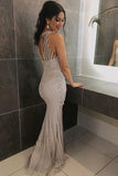Mermaid Round Neck Sleeveless Open Back Tulle Long Prom Dresses with Beading JS703