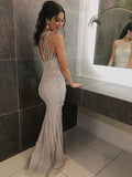 Mermaid Round Neck Sleeveless Open Back Tulle Long Prom Dresses with Beading JS703