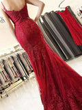 Mermaid Spaghetti Straps Burgundy Lace Appliques Prom Dresses Long Formal Dress JS455