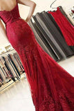 Mermaid Spaghetti Straps Burgundy Lace Appliques Prom Dresses Long Formal Dress JS455