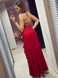 Mermaid Spaghetti Straps Red Satin Prom Dresses with Ruffles Long Party Dress JS400