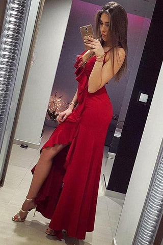 Mermaid Spaghetti Straps Red Satin Prom Dresses with Ruffles Long Party Dress JS400