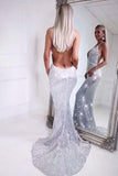 Mermaid Spaghetti Straps Silver Sequins V Neck Backless Prom Dresses Long Evening Dress JS697