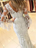 Mermaid V Neck Long Sleeve Prom Dresses Lace Appliques V Back Evening Dresses JS554