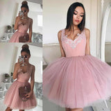 Mini Blush Pink Short Homecoming Dresses with V Neck Appliqued Tulle Prom Dresses JS955