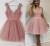 Mini Blush Pink Short Homecoming Dresses with V Neck Appliqued Tulle Prom Dresses JS955