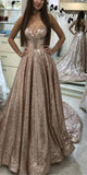A Line Gold V Neck Sequin Long Prom Dress Long Cheap Evening Dresses JS849