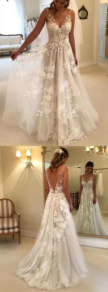 Elegant A Line V Neck Tulle Open Back Ivory Wedding Dresses UK Lace Appliques