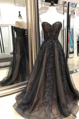 Black Sweetheart Tulle Lace Strapless Beads Prom Dresses with Lace up Evening Dresses JS976