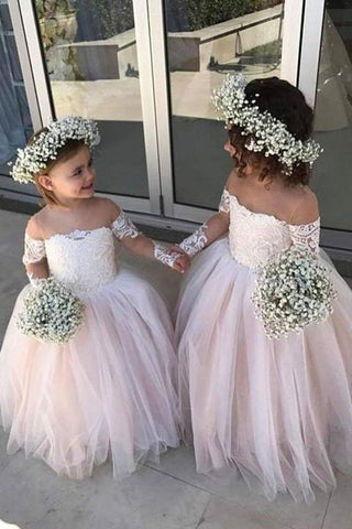 Cute Off the Shoulder Long Sleeve Pink Lace Appliques Tulle Flower Girl Dresses JS289