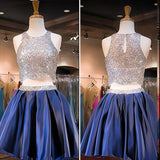 Navy Blue Two Piece Beading Short Prom Gown Sweet 16 Dress Bling Homecoming Dress JS877