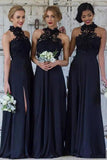 Navy Blue Halter Lace Appliques Bridesmaid Dresses Top Chiffon Side Split Prom Dresses JS342