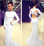 Open Back White Prom Dresses With Long Sleeves Tight Backless Royal Blue Prom Gown JS153