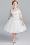 Cute Half Sleeves Round Neck Lace Tulle Appliques Flower Girl Dresses