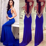Blue Deep V-Neck Ruffles Open Back Mermaid Silvery Sequins Beaded Backless Prom Dresses JS801