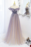 Light Purple Scoop Tulle A-Line Bling Bling Sparkle Short Sleeves Prom Dresses